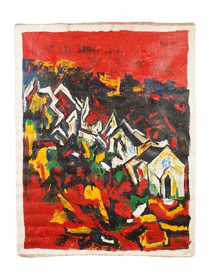 SIGNED SH RAZA INDIAN CITYSCAPE PAINTING WITH COA. Acrylic on canvas painting, signed Sayed 