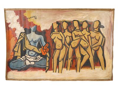 INDIAN OIL PAINTING SIGNED M F HUSAIN WITH COA. An oil on canvas painting signed Maqbool Fida 