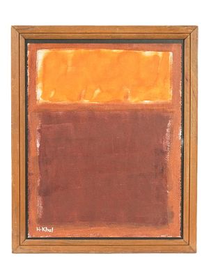 SIGNED HELEN KHAL ABSTRACT AMERICAN OIL PAINTING. An oil painting on paper depicting an abstract 