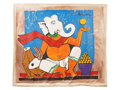 AFTER MF HUSAIN INDIAN ACRYLIC PAINTING GANESHA. In the manner of Maqbool Fida Husain, Indian 