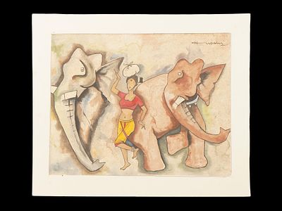 INDIAN WATERCOLOR PAINTING SIGNED MAQBOOL HUSAIN W COA. A watercolor painting on paper depicting 
