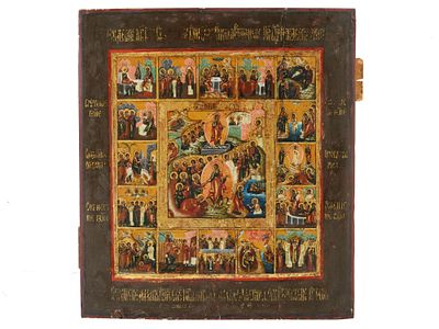ANTIQUE 19C RUSSIAN ICON FEAST OF CHRIST RESURRECTION. An antique 19th century Russian Orthodox 