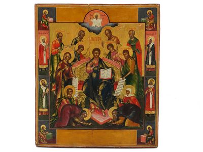 ANTIQUE 19C RUSSIAN ICON OF DEESIS MSTERA SCHOOL. An antique 19th century Russian Orthodox icon 