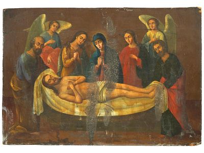 ANTIQUE RUSSIAN ORTHODOX ICON ENTOMBMENT OF JESUS. An antique Russian Orthodox icon showing the 