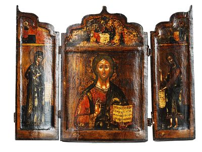 ANTIQUE RUSSIAN CHRIST DEESIS TRIPTYCH SKLADEN ICON. An antique Russian Orthodox triptych 