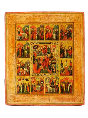 ANTIQUE RUSSIAN ICON OF THE GREAT ORTHODOX FEASTS. An antique 19th-century Russian Orthodox 