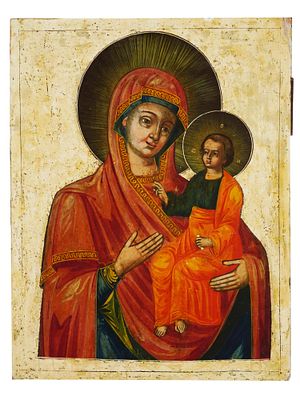 18TH CEN RUSSIAN MOTHER OF GOD OF SMOLENSK ICON. An antique 18th century Russian Orthodox icon 