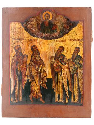 ANTIQUE 19TH C RUSSIAN ICON OF SELECTED SAINTS. An antique 19th-century Russian Orthodox icon 