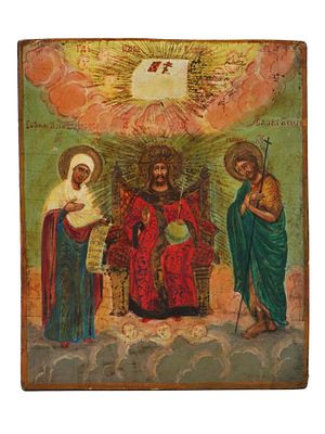 19TH C ANTIQUE RUSSIAN HAND PAINTED ICON OF DEESIS. An antique Russian hand painted icon of 