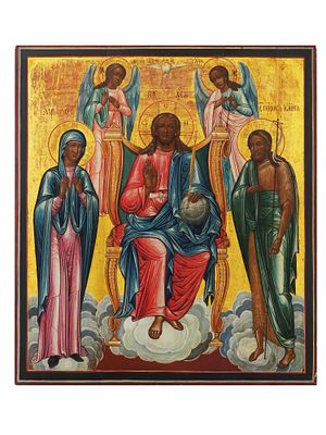 ANTIQUE 19TH C RUSSIAN ORTHODOX ICON OF DEESIS. An antique 19th-century Russian Orthodox icon 