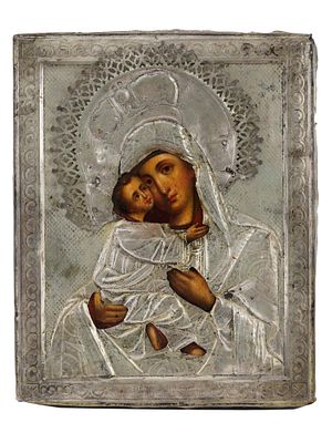 ANTIQUE RUSSIAN SILVER ICON VOLOKOLAMSK MOTHER OF GOD. An antique 19th century Russian Orthodox 