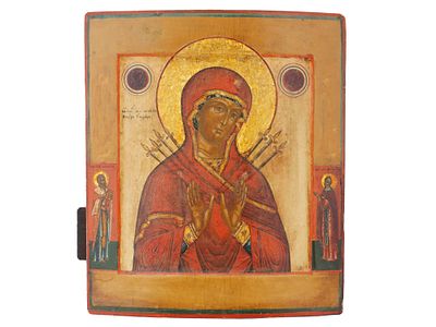 ANTIQUE 19TH CENTURY RUSSIAN ICON OF SEVEN ARROW. An antique, 19th century Russian Icon of 
