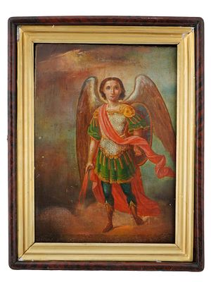 ANTIQUE 19TH C RUSSIAN ICON OF ST MICHAEL IN KIOT. An antique 19th-century Russian Orthodox icon 