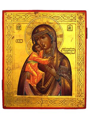 ANTIQUE 19TH C RUSSIAN ICON OUR LADY OF ST THEODORE. An antique 19th-century Russian Orthodox 