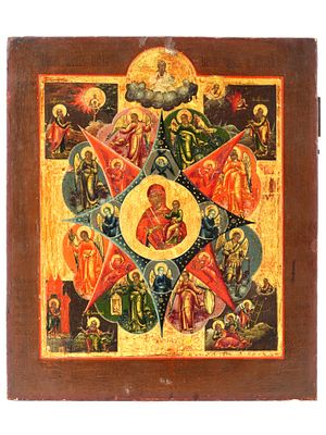 ANTIQUE 19TH C RUSSIAN ORTHODOX BURNING BUSH ICON. An antique Russian Orthodox hand painted icon 