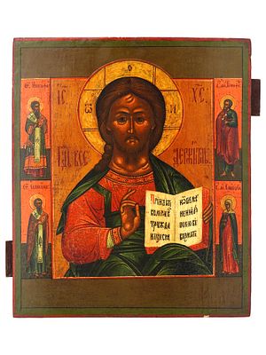 ANTIQUE 19TH CEN RUSSIAN CHRIST PANTOCRATOR ICON. An antique Russian Orthodox hand painted icon 
