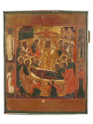 ANTIQUE RUSSIAN VIRGIN MARY ICON IN 84 SILVER FRAME. An antique Russian Orthodox icon of the 