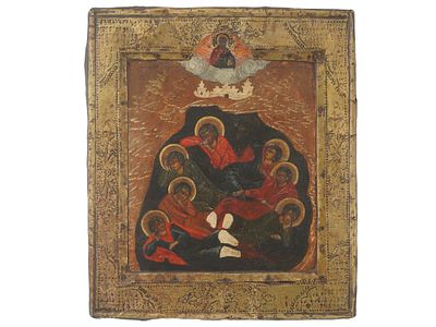 ANTIQUE RUSSIAN ORTHODOX ICON OF SEVEN SLEEPERS. An antique Russian Orthodox icon of the Seven 