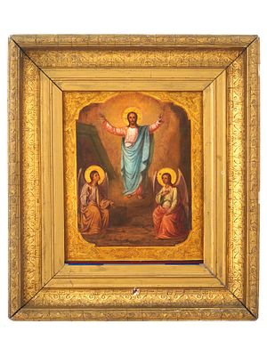 ANTIQUE RUSSIAN ORTHODOX RESURRECTION ICON FRAMED. An antique Russian Orthodox hand-painted icon 