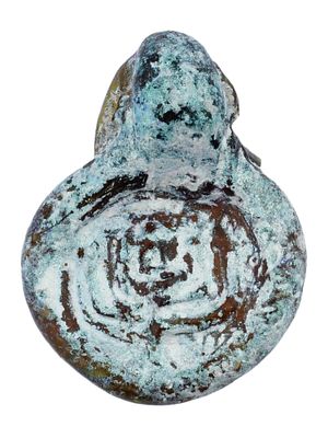 ANCIENT BYZANTINE EMPIRE GLASS PENDANT W MENORAH. An ancient Byzantine Empire glass pendant. The 