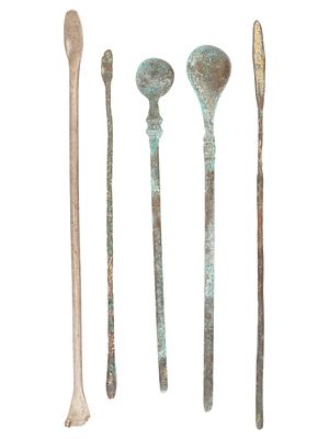 ANCIENT GRECO ROMAN SILVER AND BRONZE MEDICAL TOOLS. A group of 5 Ancient Greco-Roman silver and 