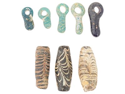 ANCIENT GRECO ROMAN MOSAIC GLASS BEADS 400 TO 100 BC. A lot of eight ancient Greco Roman beads. 