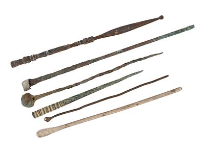 ANCIENT ROMAN BRONZE SILVER MEDICAL TOOLS 100 TO 300 AD. A lot of six excavated ancient Roman 