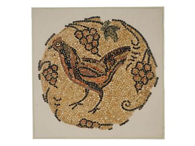 ANCIENT ROMAN ROUND MOSAIC CHICKEN AND AND GRAPES. An ancient Roman round mosaic depicting a 