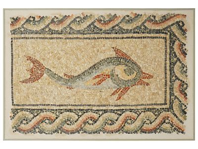 ANCIENT GRECO ROMAN MOSAIC OF DOLPHIN 200 BC TO 100 AD. An ancient Greco Roman mosaic featuring 
