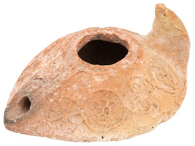 ANCIENT CHRISTIAN OIL LAMP W CROSSES GRAPES 400-600 AD. An ancient Byzantine Empire moulded 