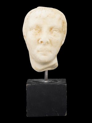 ANCIENT 100 TO 300 AD ROMAN MARBLE MALE HEAD. An ancient Roman marble male bust representing a 
