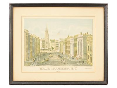 1847 ENGRAVING WALL STREET NY AFTER AUGUST KOELLNER. An antique colored engraving on paper, Wall 