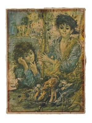 PRINT REPRODUCTION WITH TWO CHILDREN SIGNED. A print on paper applied on canvas depicting a 