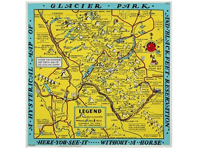 VINTAGE AMERICAN POSTER HYSTERICAL MAP OF GLACIER PARK. A vintage American poster titled A 