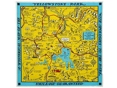 VINTAGE AMERICAN POSTER HYSTERICAL MAP YELLOWSTONE PARK. A vintage American poster titled A 