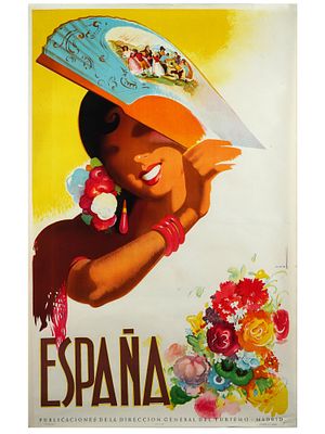 VINTAGE SPANISH TRAVEL POSTER WOMAN WITH A FAN. A vintage Spanish travel poster, promoting 