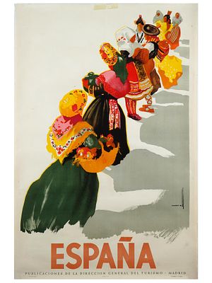 VINTAGE SPANISH TRAVEL POSTER DANCING WOMEN MADRID. A vintage Spanish travel poster, promoting 