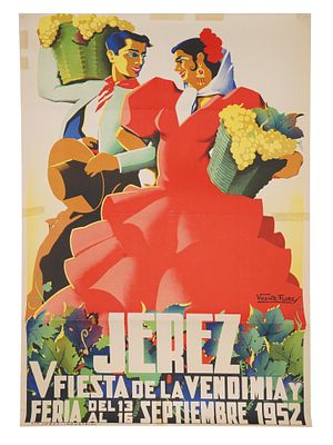 VINTAGE SPANISH FESTIVAL POSTER JEREZ DE LA FRONTERA. A vintage Spanish travel poster from 1952 