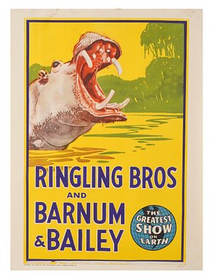 VTG AMERICAN CIRCUS POSTER RINGLING BROS HIPPOPOTAMUS. A vintage American circus poster for 