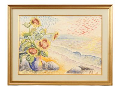 STILL LIFE WATERCOLOR PAINTING SIGNED DAVID BURLIUK. A watercolor painting on paper depicting a 