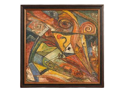 RUSSIAN ABSTRACT PAINTING SIGNED DAVID BURLIUK. An oil painting on board depicting an abstract 
