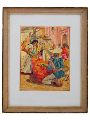 FELIPE OLAY MEXICAN POPOTILLA STRAW MOSAIC PAINTING. Felipe Olay, Mexican, 1898 to 1975, straw 