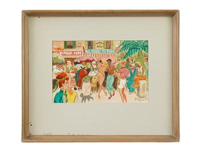 AMERICAN PAINTING SIGNED MICHAEL BERRY ST. TROPEZ CAFE. A mixed-media painting on cardboard 