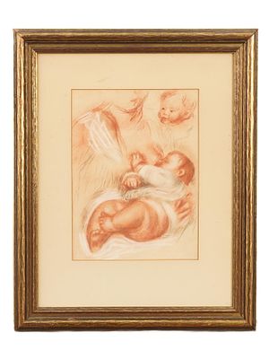 MOTHER AND CHILD MIXED MEDIA PAINTING STAMPED. Sanguine, white chalk, and charcoal on paper. 