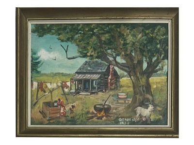 AMERICAN VILLAGE OIL PAINTING SIGNED GRANT WOOD. An oil painting on canvas mounted on board 