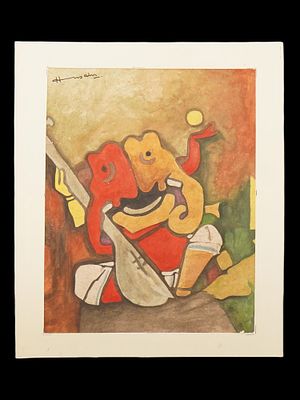 SIGNED MF HUSAIN INDIAN WATERCOLOR PAINTING W COA. Watercolor on paper painting, signed Maqbool 