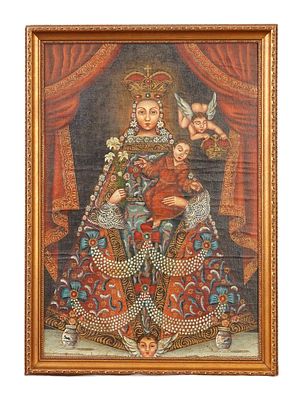 SPANISH COLONIAL CUSCO VIRGIN MARY MIX MEDIA ICON. A Spanish Colonial, Cusco School, Virgin Mary 