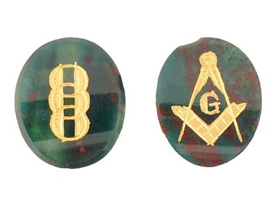 LOT OF GILDED AND CARVED BLOOD STONE INTAGLIOS. A lot of two hand carved Bloodstone intaglios. 