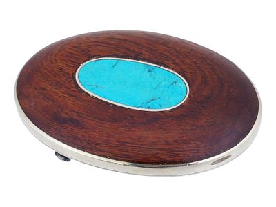 VINTAGE METAL AND WOOD BELT BUCKLE W TURQUOISE. A vintage mid-century metal and wood belt buckle 