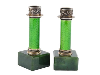 PAIR OF RUSSIAN SILVER AND NEPHRITE CANDLESTICKS. A pair of Russian candlesticks. A square 